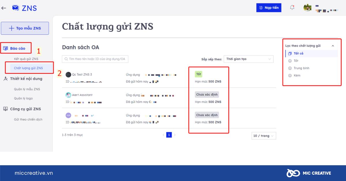 Hướng dẫn các bước xem hạn mức gửi tin ZNS