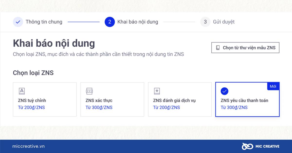 Khai báo nội dung cho ZNS yêu cầu thanh toán