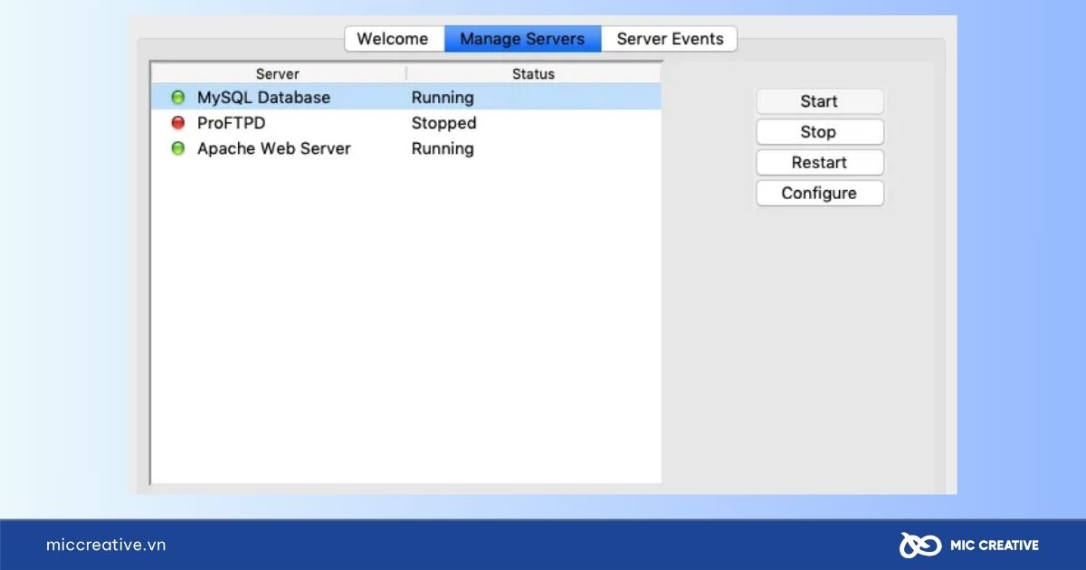 Khởi động Apache và MySQL trong control panel của XAMPP