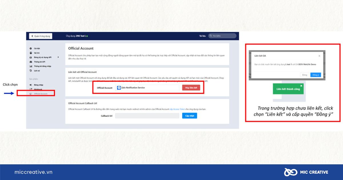 Kiểm tra kết nối giữa App và tài khoản Official Account