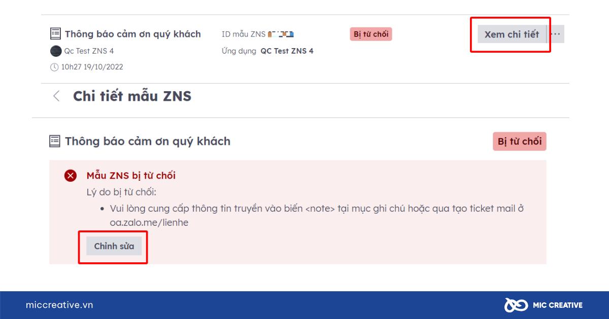 Kiểm tra lí do bị từ chối gửi ZNS