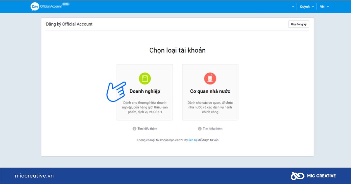 Lựa chọn loại tài khoản Doanh nghiệp