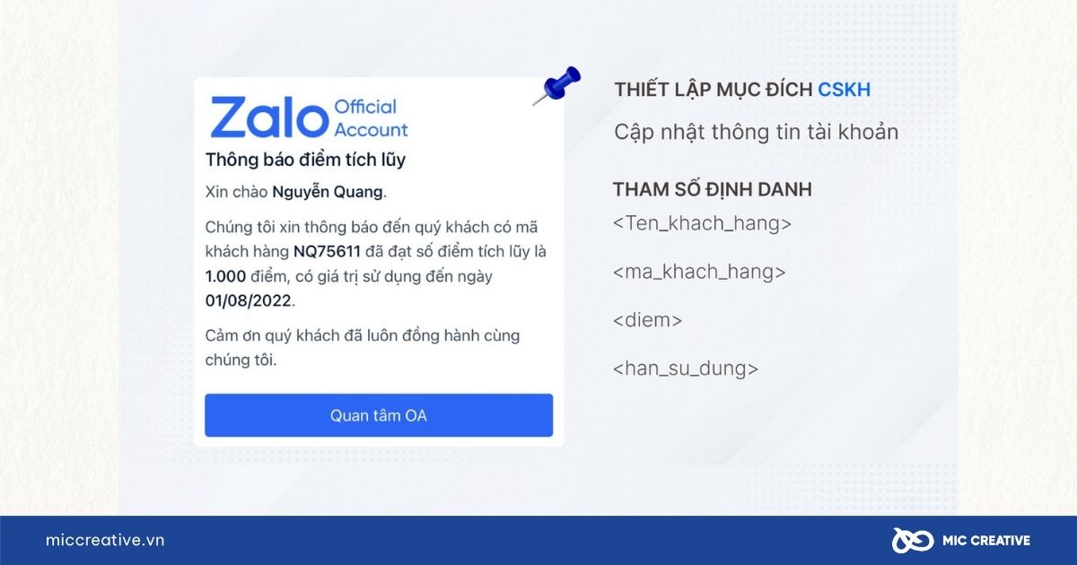 Mẫu tin nhắn Zalo ZNS cập nhật điểm tích lũy