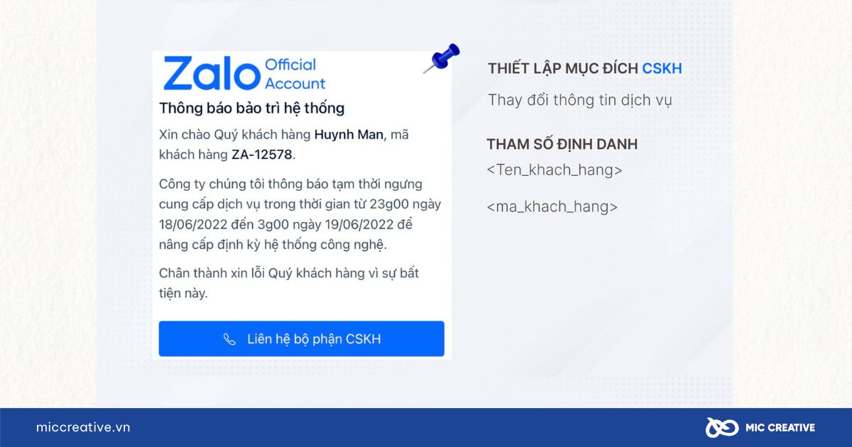 Mẫu tin nhắn Zalo ZNS cập nhật thông báo bảo trì