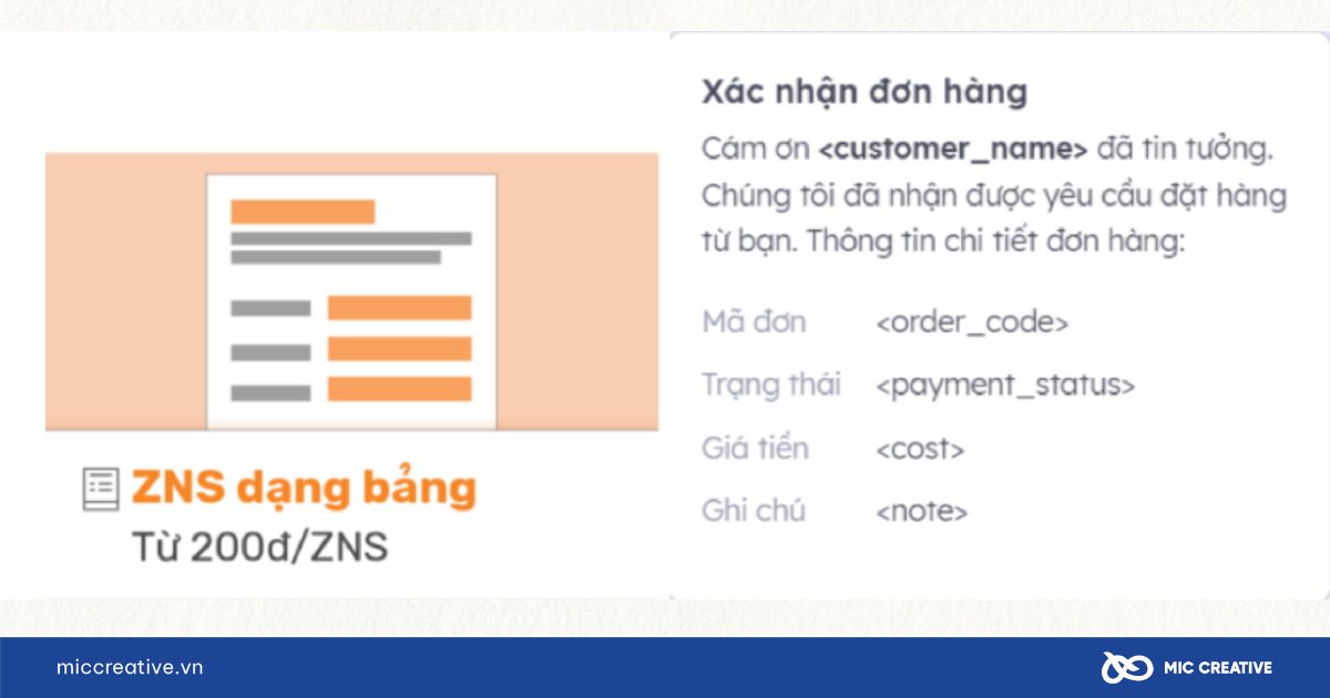 Mẫu tin nhắn Zalo ZNS dạng bảng