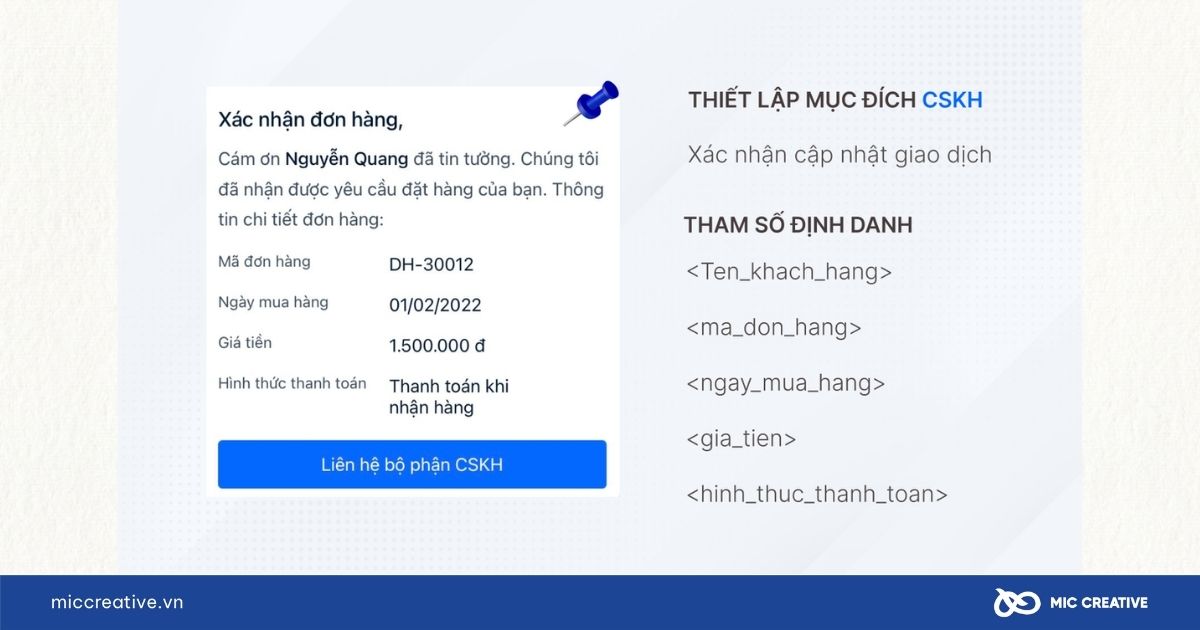 Mẫu tin nhắn ZNS xác nhận đơn hàng