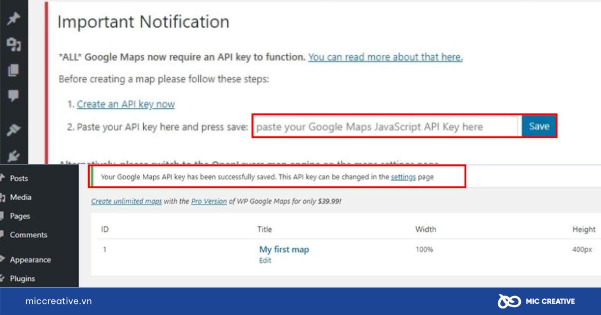 Nhập API Key để kết nối tài khoản Google Maps 