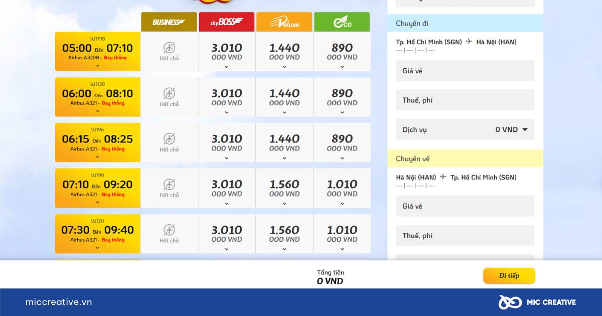 Những hạng vé mà Vietjet Air cung cấp
