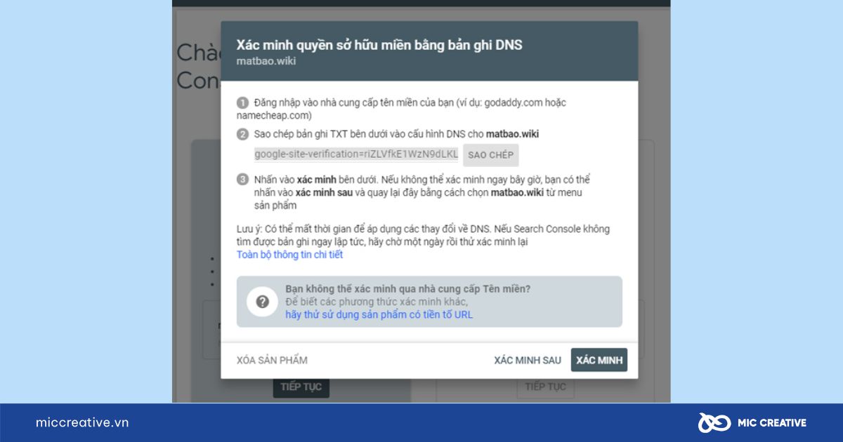 Nộp bản ghi TXT để xác minh DNS