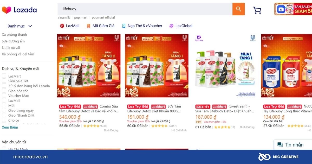 Sản phẩm Lifebuoy trên sàn thương mại điện tử Lazada