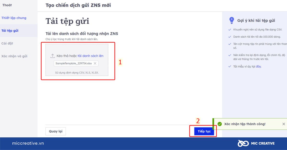 Tải lên file Excel