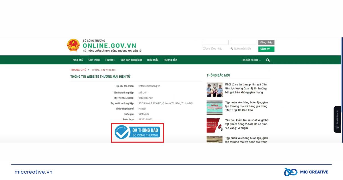 Thông báo website thành công