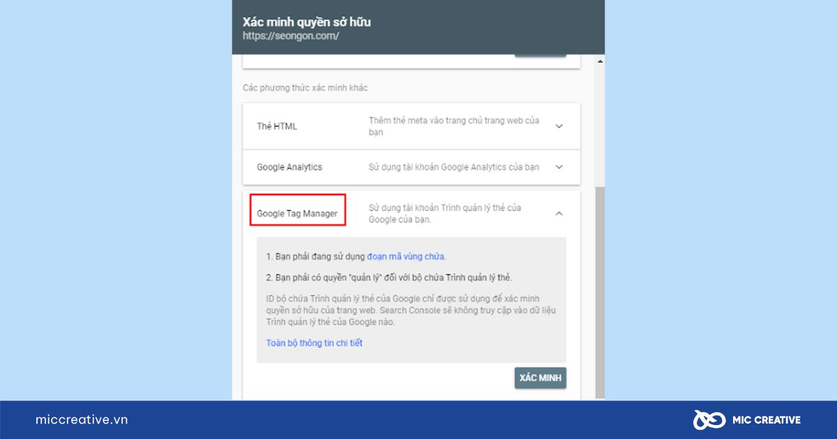 Thực hiện xác minh qua Google Tag Manager