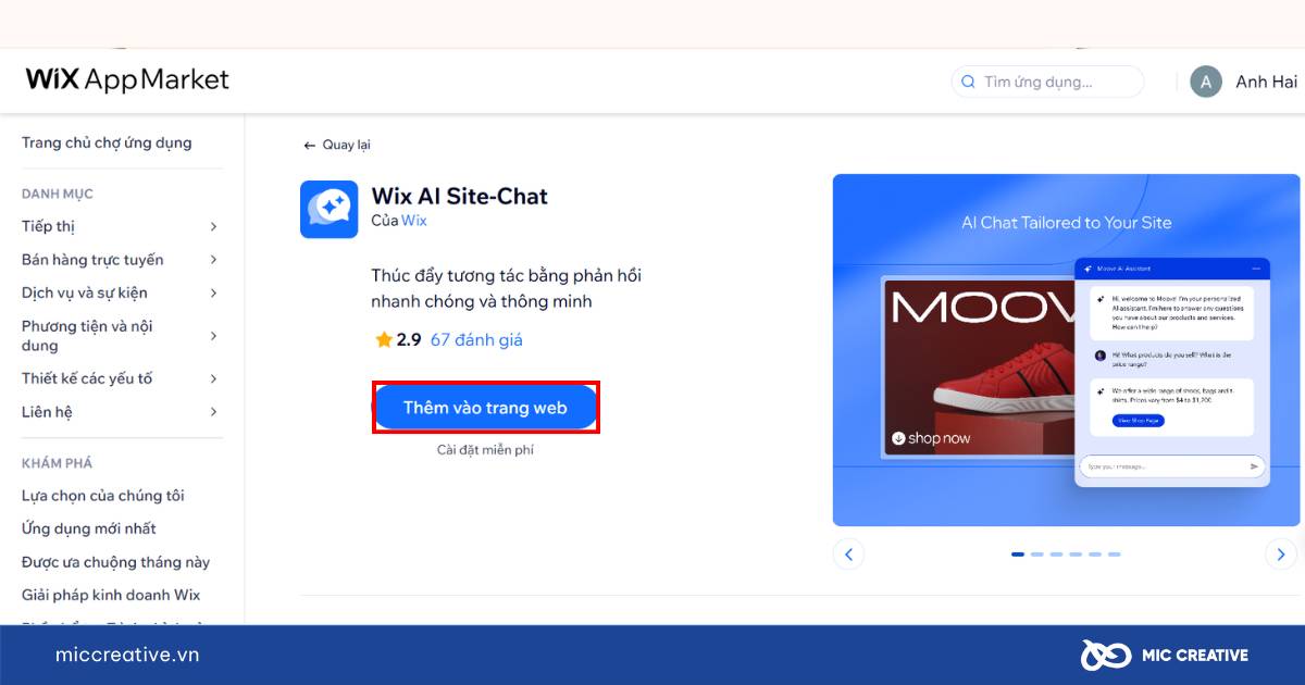 Tìm kiếm và thêm Wix AI Site-Chat vào nền tảng Wix 