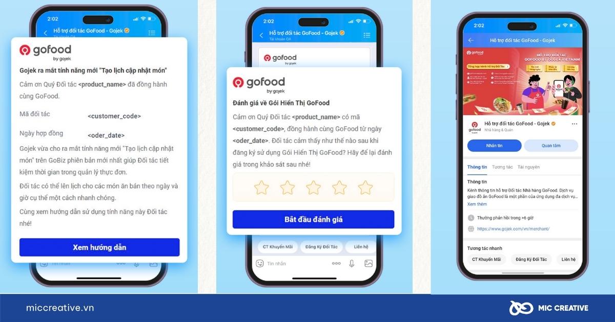 Tin nhắn ZNS và trang Zalo OA của GoFood