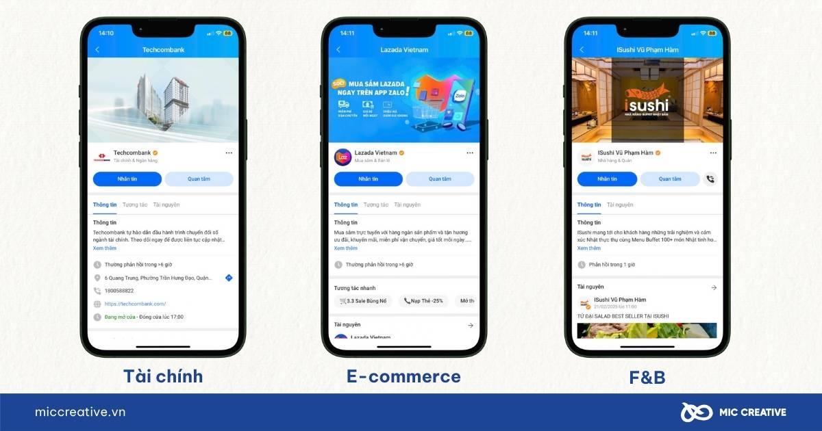 Trang Zalo OA của các lĩnh vực khác nhau