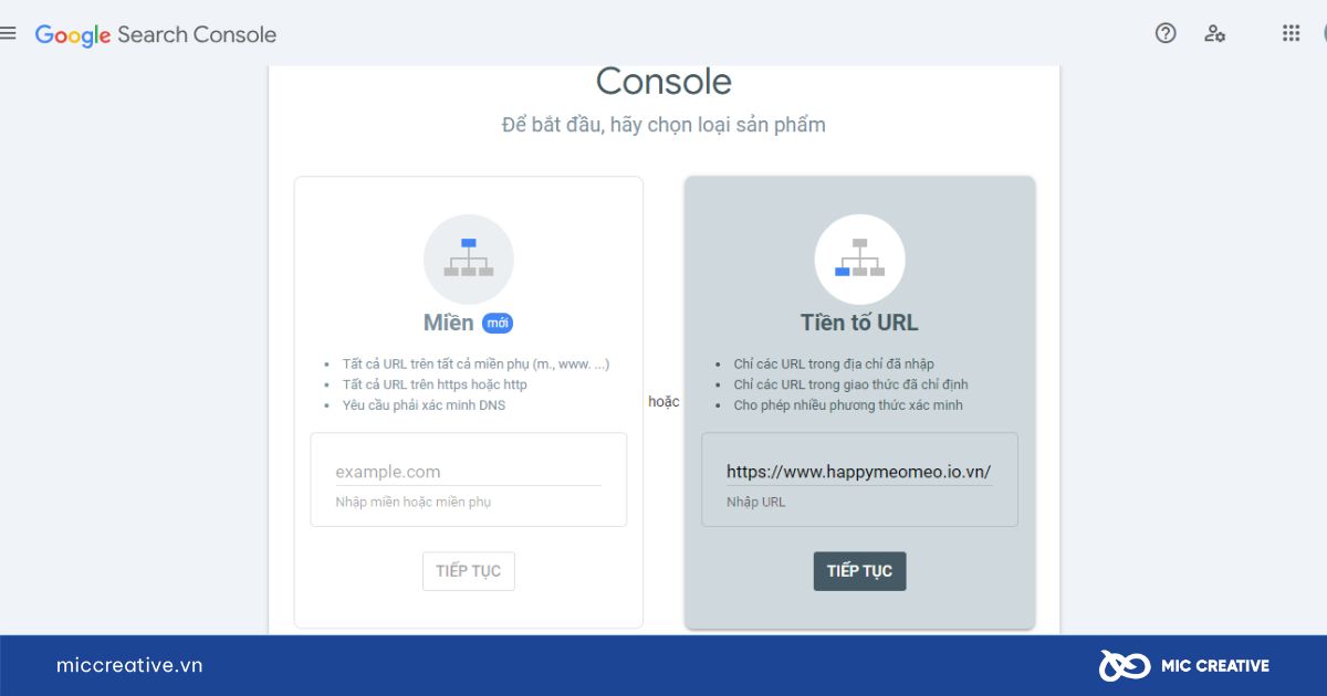 Tùy chọn thêm website theo phương pháp URL prefix hoặc Domain