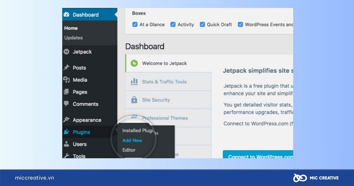Vào menu Plugins và chọn Add New
