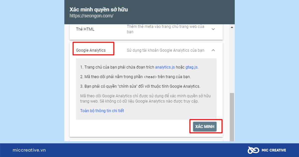 Xác minh qua Google Analytics