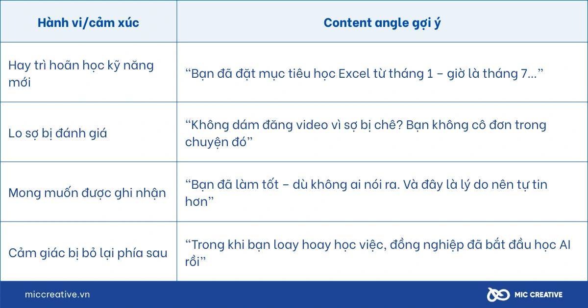 Một số hành vi/cảm xúc được thể hiện qua content angle