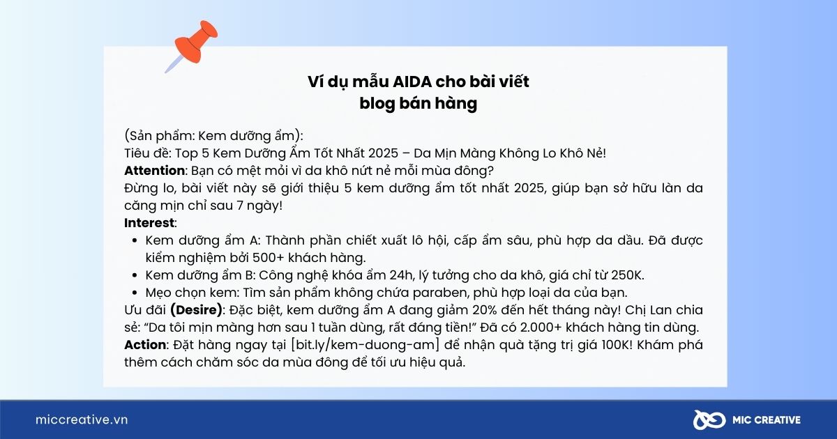 Ví dụ mẫu AIDA cho bài viết blog bán hàng