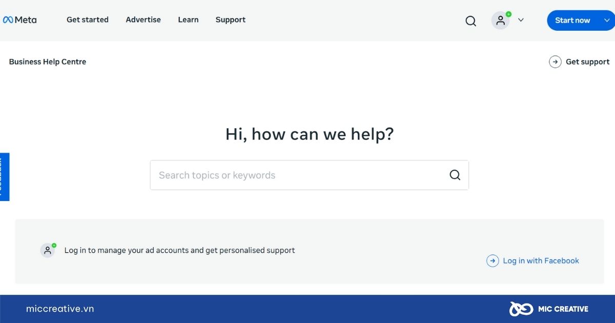 Giao diện trung tâm hỗ trợ của Facebook Business 