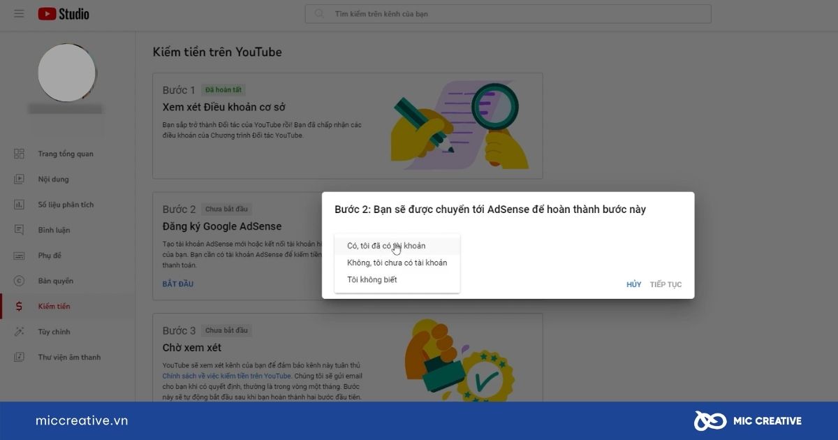 Đăng ký Google AdSense để hoàn tất việc bật kiếm tiền Youtube