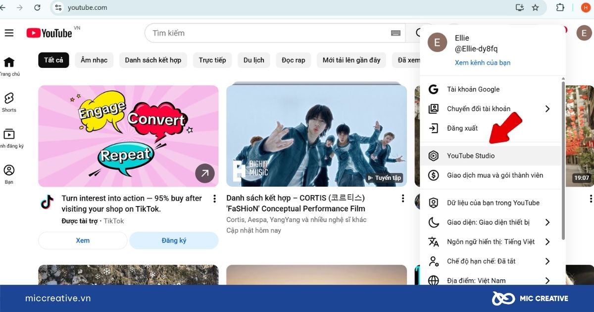 Truy cập Youtube Studio
